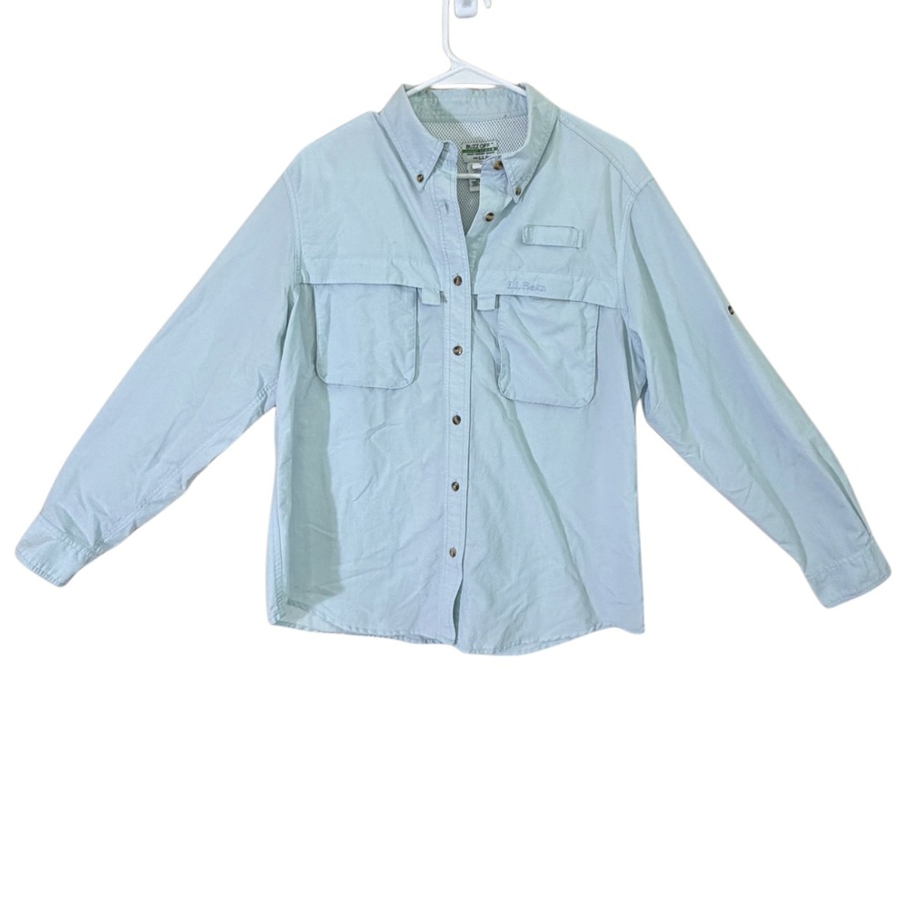 L.L.Bean Buzz Off Insect Shield Shirt Women's L Blue Hiking Fishing Safari